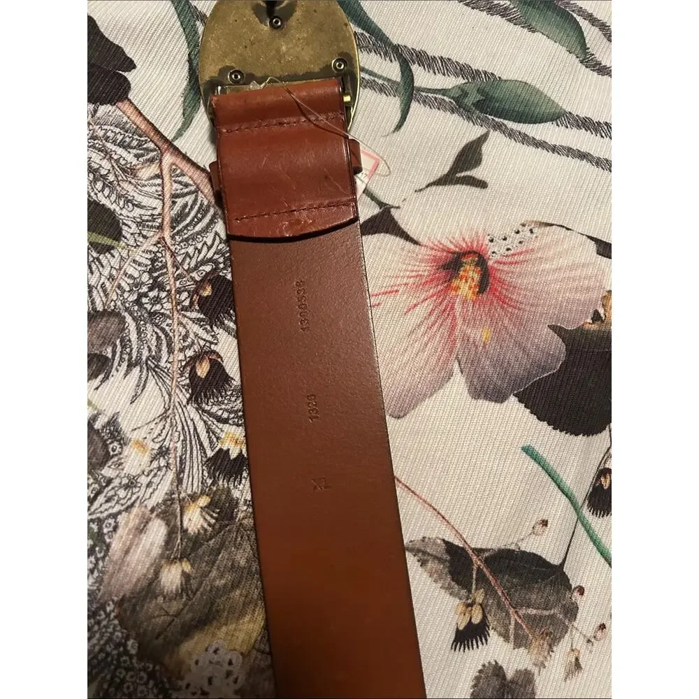 VTG Ralph Lauren Tan Leather Belt Brass Anchor Emblem Buckle XL